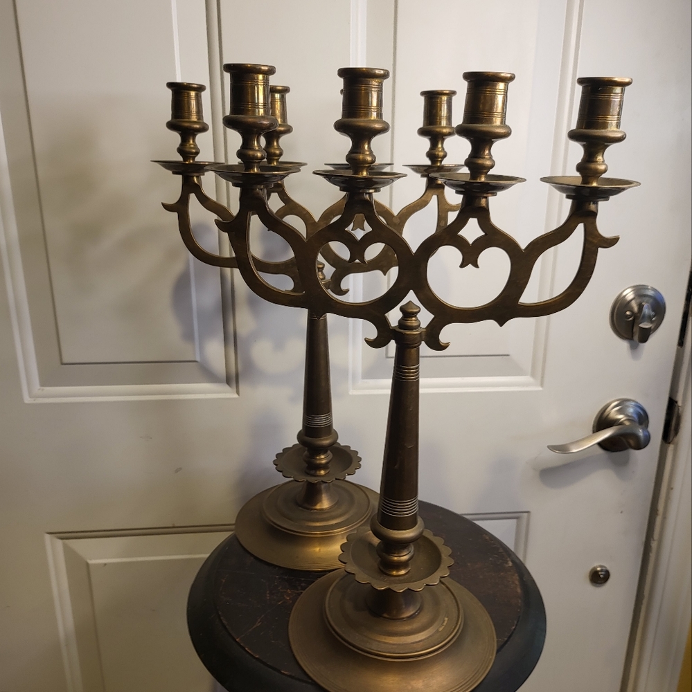 Antique Brass / Bronze Pair of 4 Candle  Candelabras 16.5'